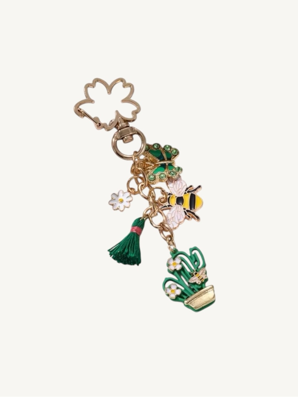 Enamel and Gold Charm Keychain Bag Charm Floral Bee Butterfly Purse Charm - Picture 6 of 16
